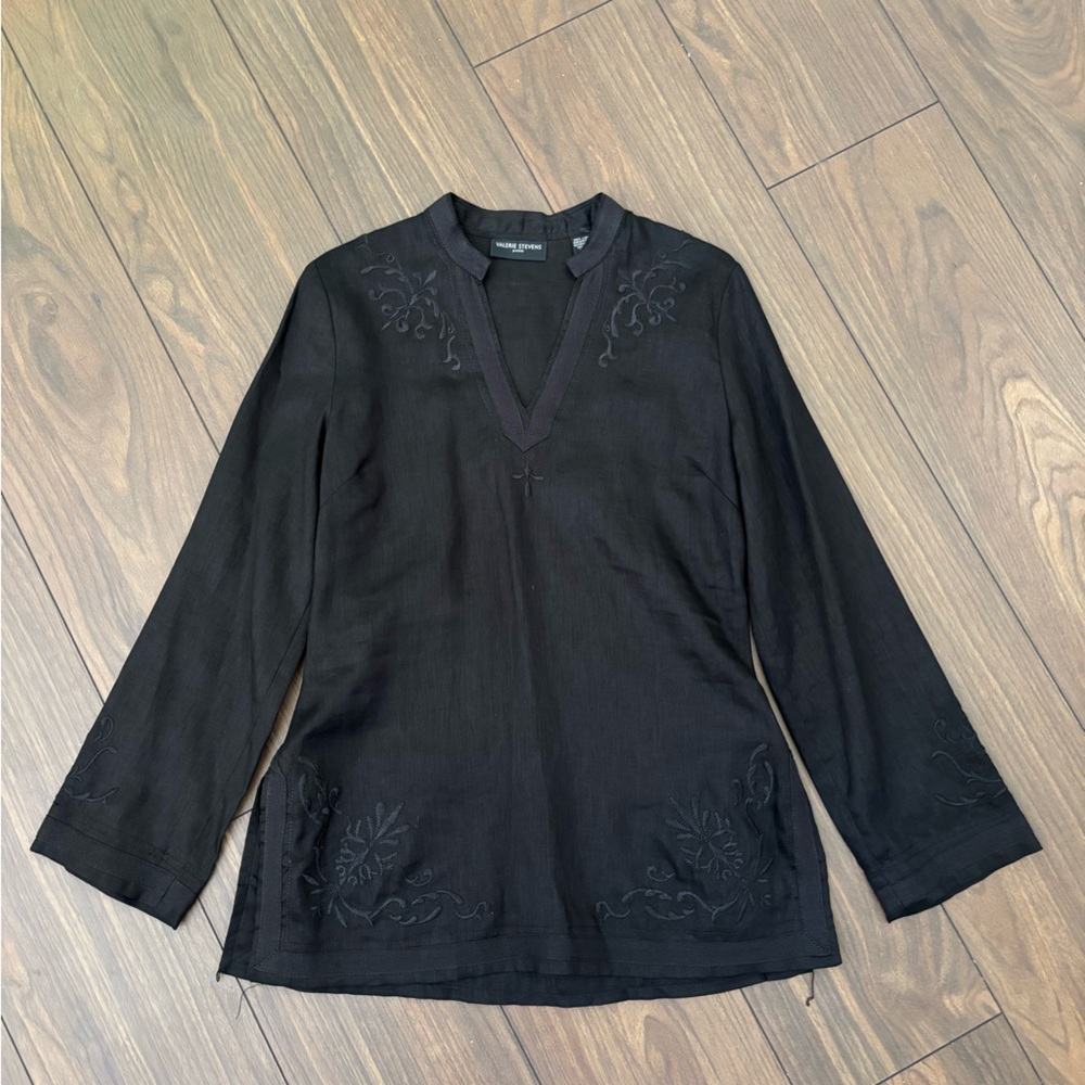 Black Embroidered V-Neck linen Tunic Top